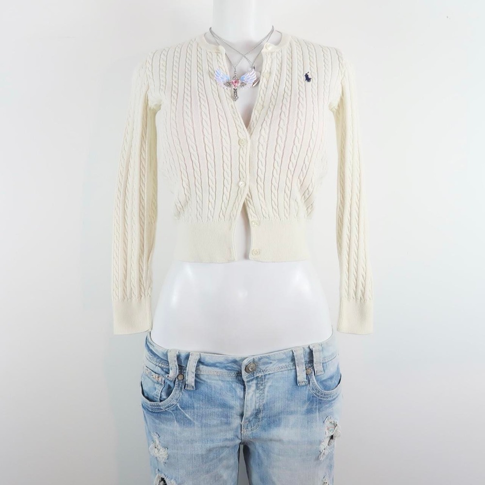 y2k cream cable knit polo ralph lauren cardigan